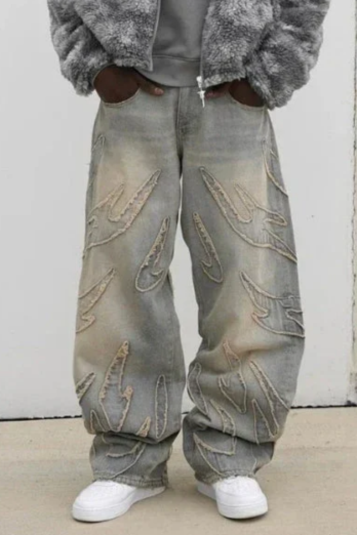 DISTRESSED WIDE-LEG JEANS WITH FLAME DETAILING Y2K HIP HOP STYLE