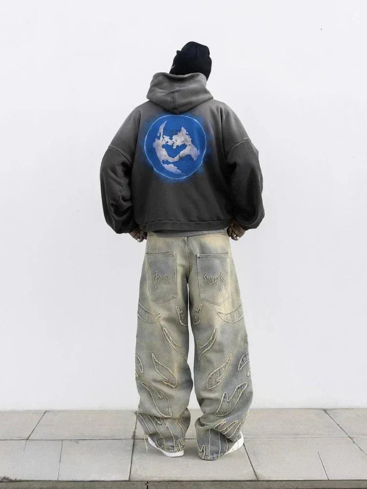 DISTRESSED WIDE-LEG JEANS WITH FLAME DETAILING Y2K HIP HOP STYLE