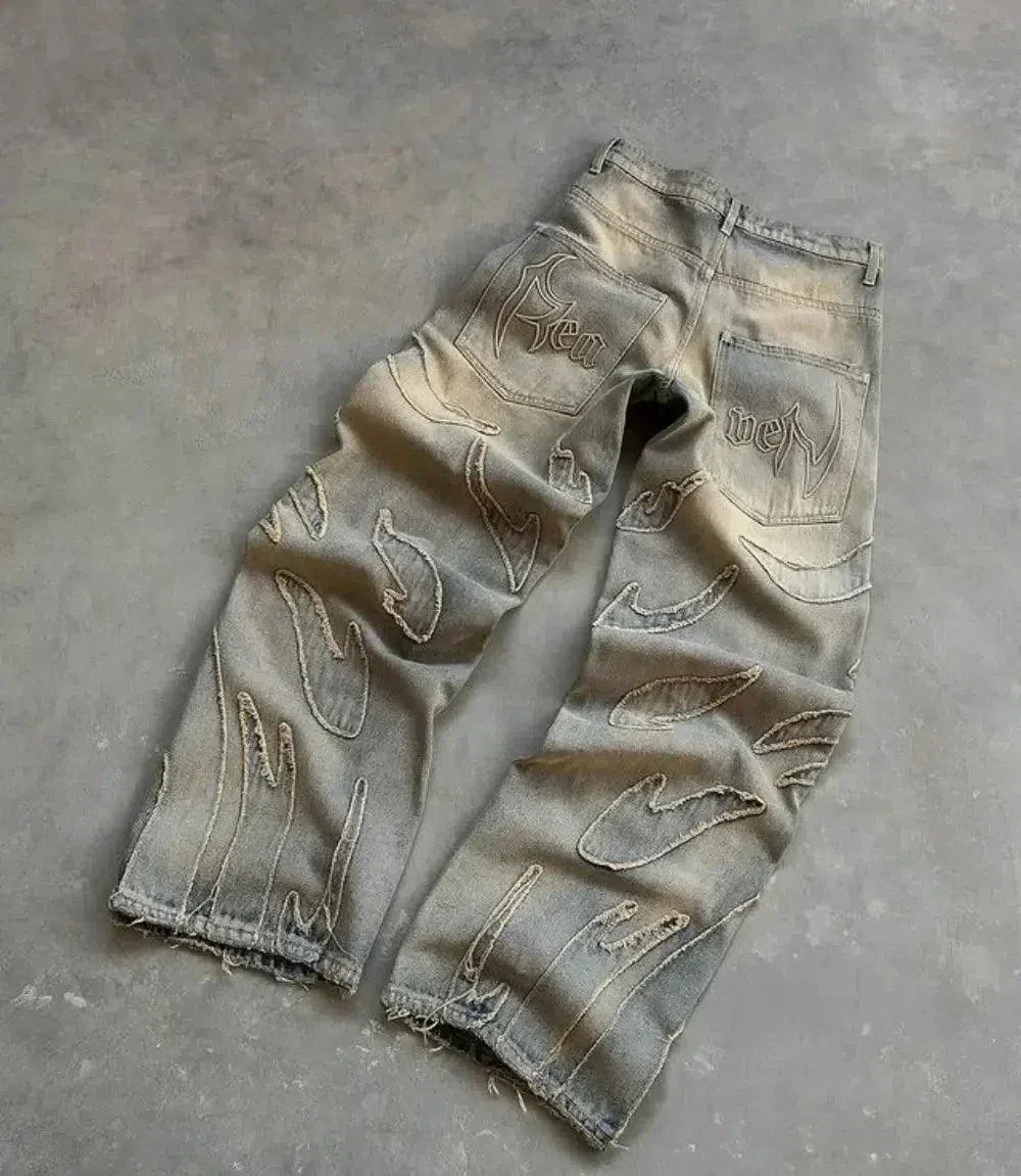 DISTRESSED WIDE-LEG JEANS WITH FLAME DETAILING Y2K HIP HOP STYLE