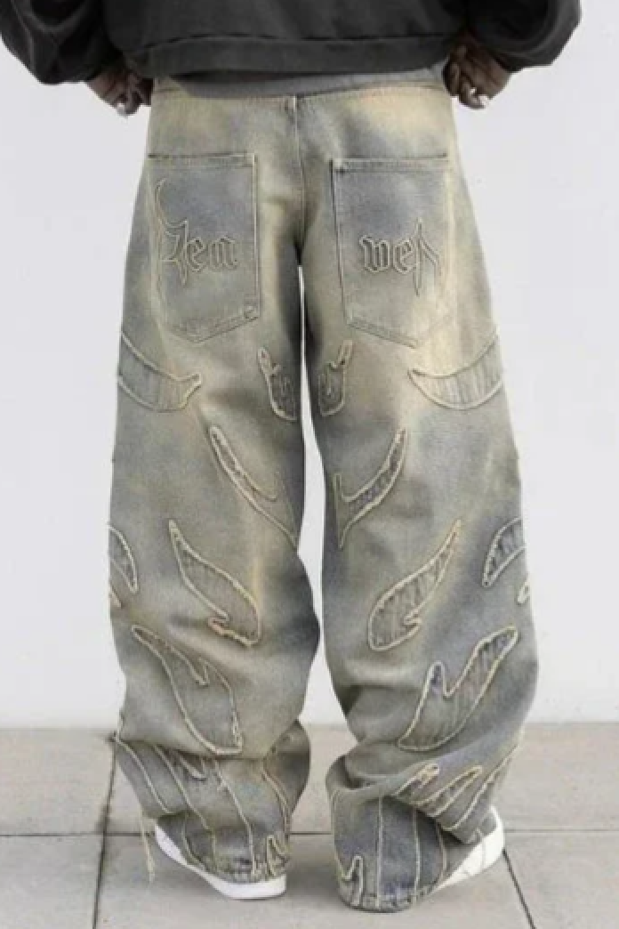 DISTRESSED WIDE-LEG JEANS WITH FLAME DETAILING Y2K HIP HOP STYLE