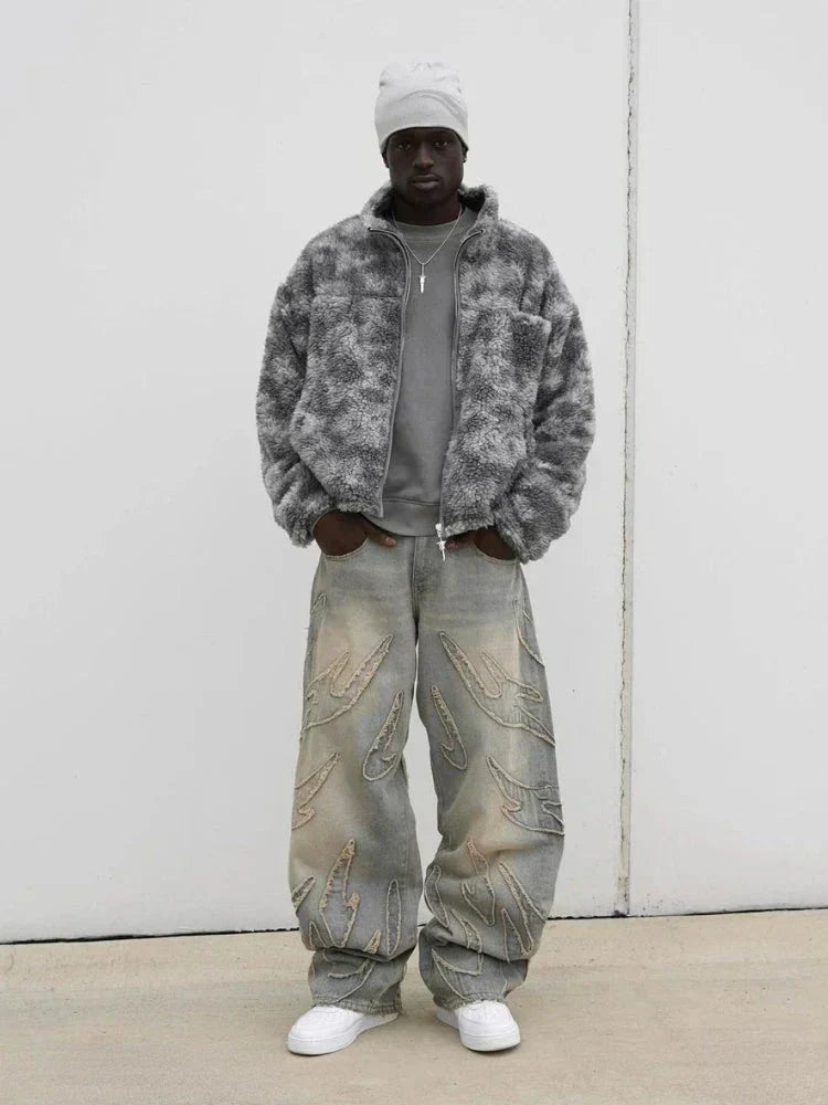 DISTRESSED WIDE-LEG JEANS WITH FLAME DETAILING Y2K HIP HOP STYLE