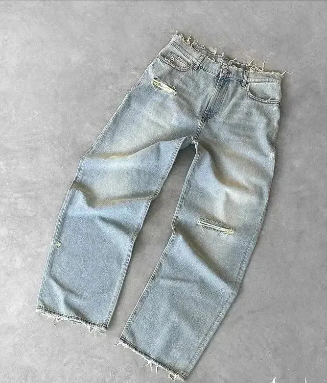 DISTRESSED WIDE-LEG JEANS WITH FLAME DETAILING Y2K HIP HOP STYLE