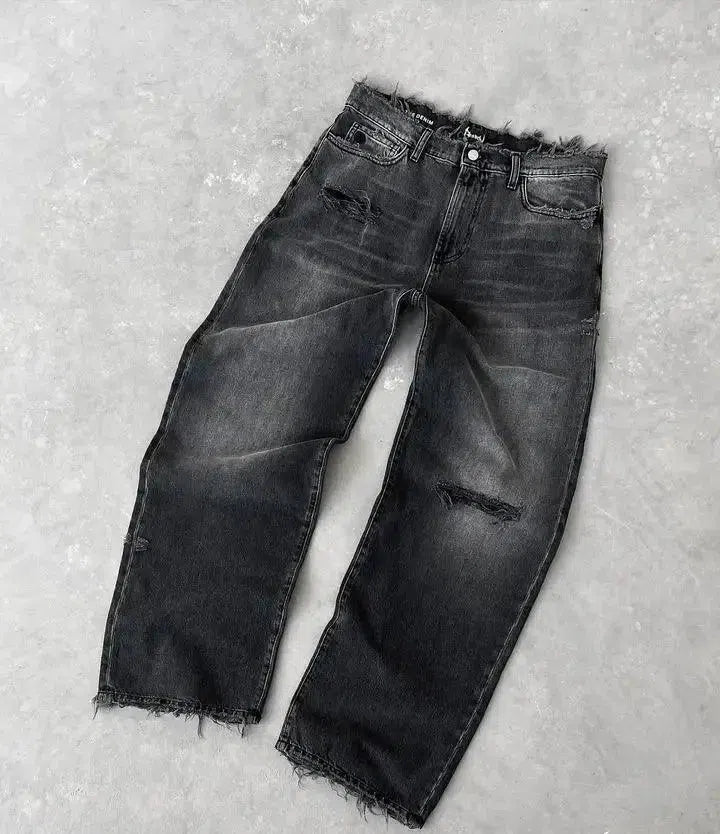 DISTRESSED WIDE-LEG JEANS WITH FLAME DETAILING Y2K HIP HOP STYLE
