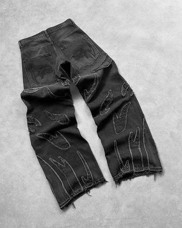 DISTRESSED WIDE-LEG JEANS WITH FLAME DETAILING Y2K HIP HOP STYLE