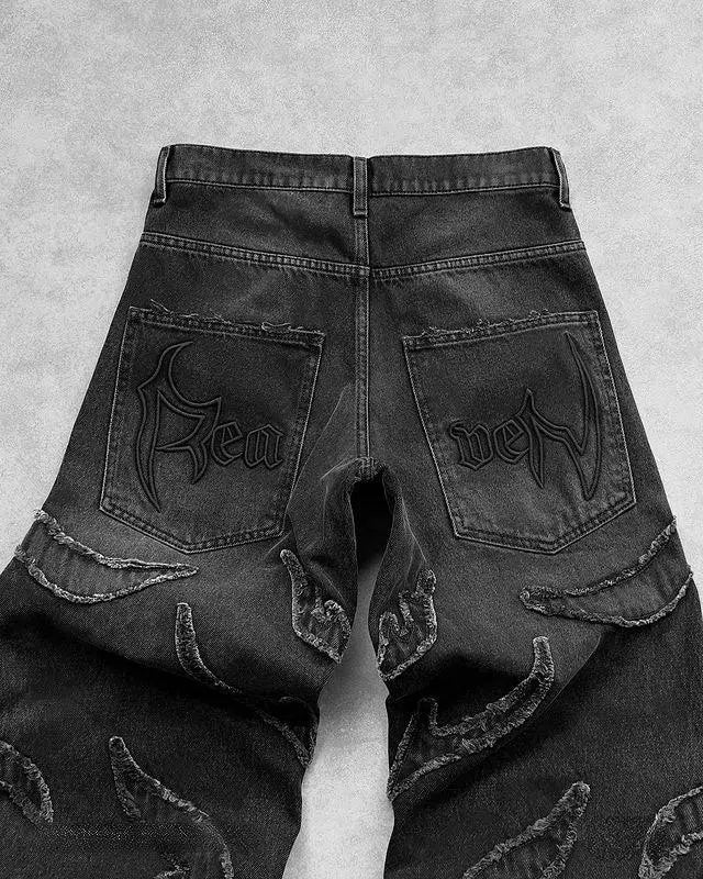 DISTRESSED WIDE-LEG JEANS WITH FLAME DETAILING Y2K HIP HOP STYLE
