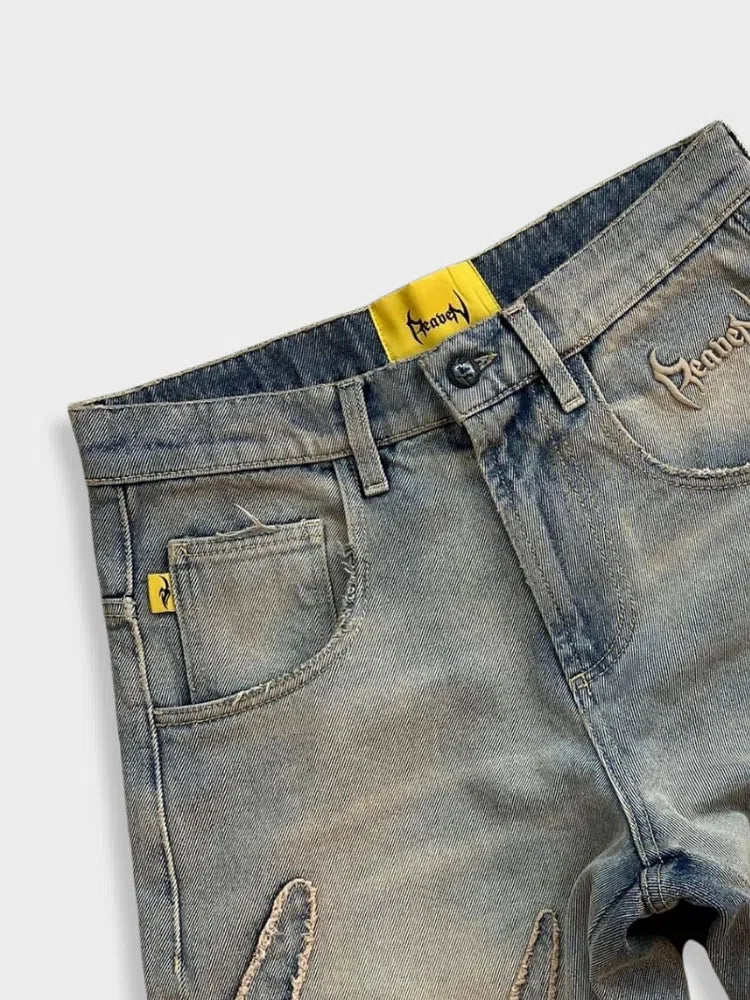 DISTRESSED WIDE-LEG JEANS WITH FLAME DETAILING Y2K HIP HOP STYLE