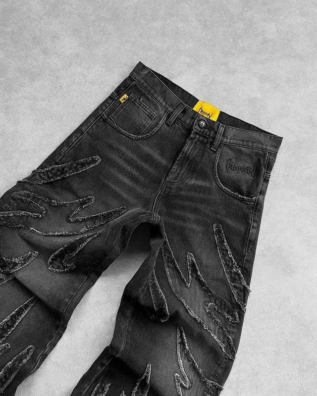 DISTRESSED WIDE-LEG JEANS WITH FLAME DETAILING Y2K HIP HOP STYLE