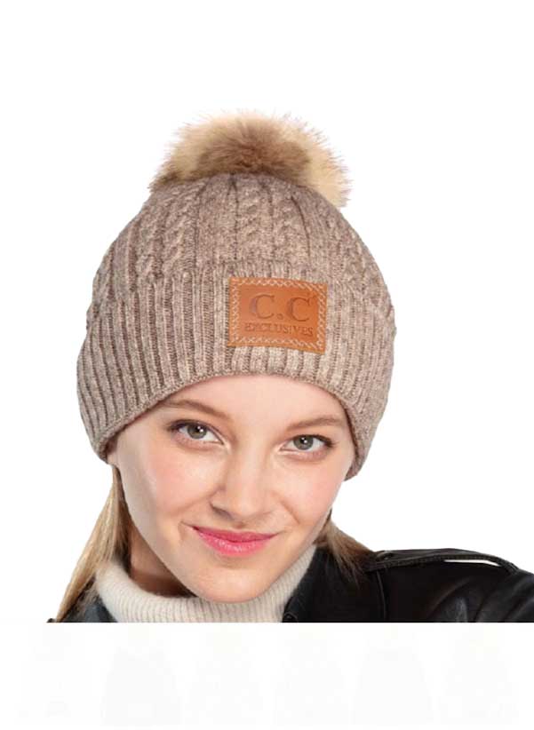 Double Braided Knit Faux Fur Pom C.C Beanie