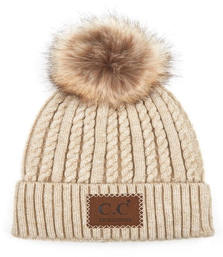 Double Braided Knit Faux Fur Pom C.C Beanie