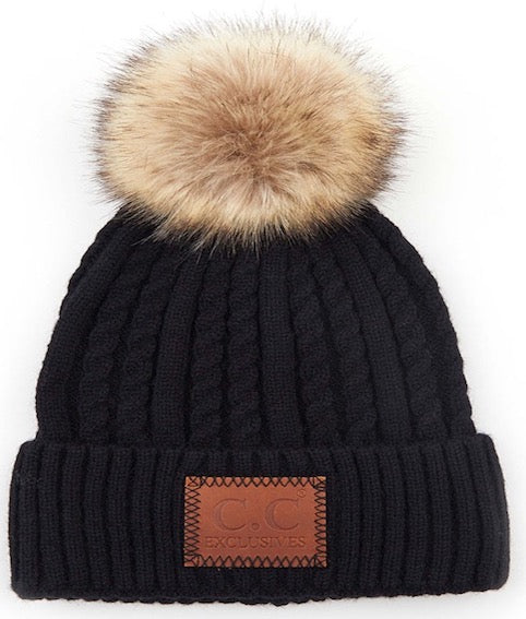 Double Braided Knit Faux Fur Pom C.C Beanie