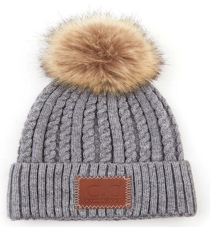 Double Braided Knit Faux Fur Pom C.C Beanie