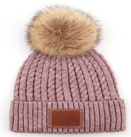 Double Braided Knit Faux Fur Pom C.C Beanie