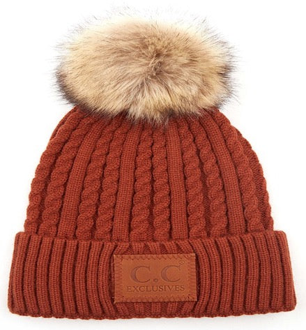 Double Braided Knit Faux Fur Pom C.C Beanie