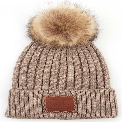 Double Braided Knit Faux Fur Pom C.C Beanie