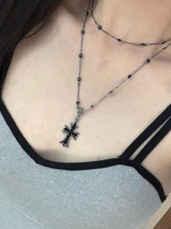 DOUBLE LAYERED CROSS NECKLACE WITH LAYERED PENDANT DESIGN