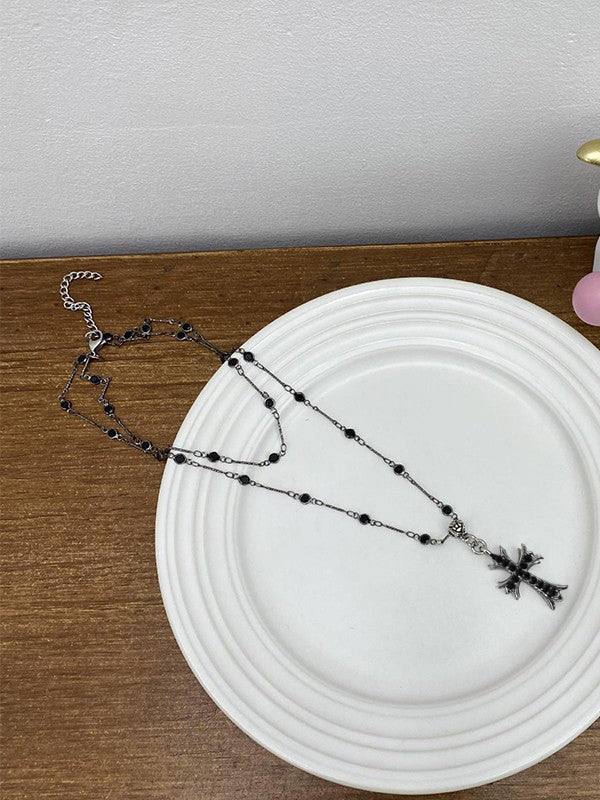 DOUBLE LAYERED CROSS NECKLACE WITH LAYERED PENDANT DESIGN
