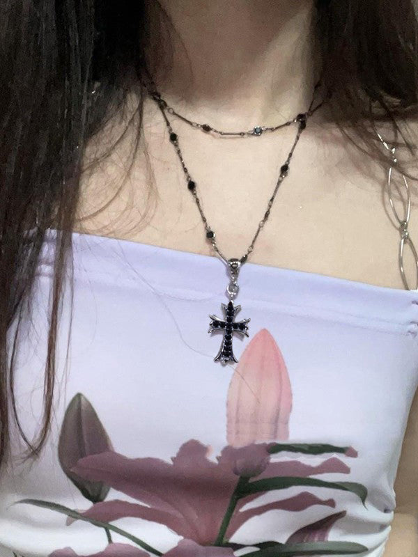 DOUBLE LAYERED CROSS NECKLACE WITH LAYERED PENDANT DESIGN