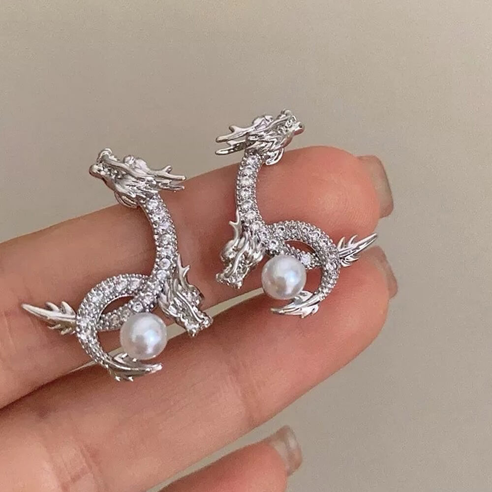 DRAGON PEARL EARRINGS ENCHANTED REGAL MYTHICAL ELEGANCE