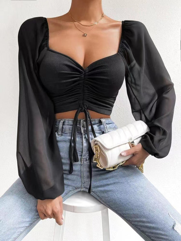 Drawstring Knit Paneled Chiffon Top Feminine Top European and American - Black / S