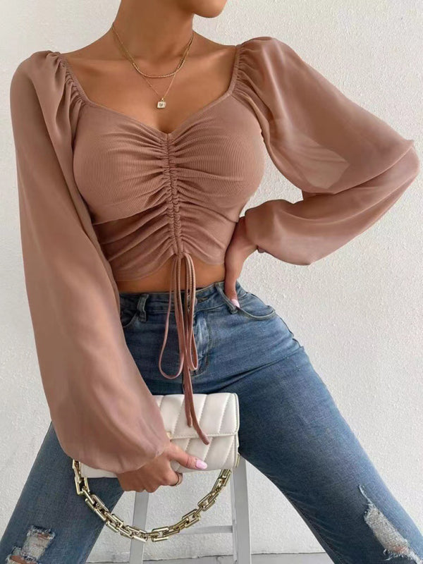 Drawstring Knit Paneled Chiffon Top Feminine Top European and American - Khaki / S