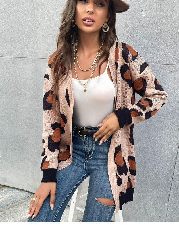 women's leopard print cardigan knitted sweater coat - Closther