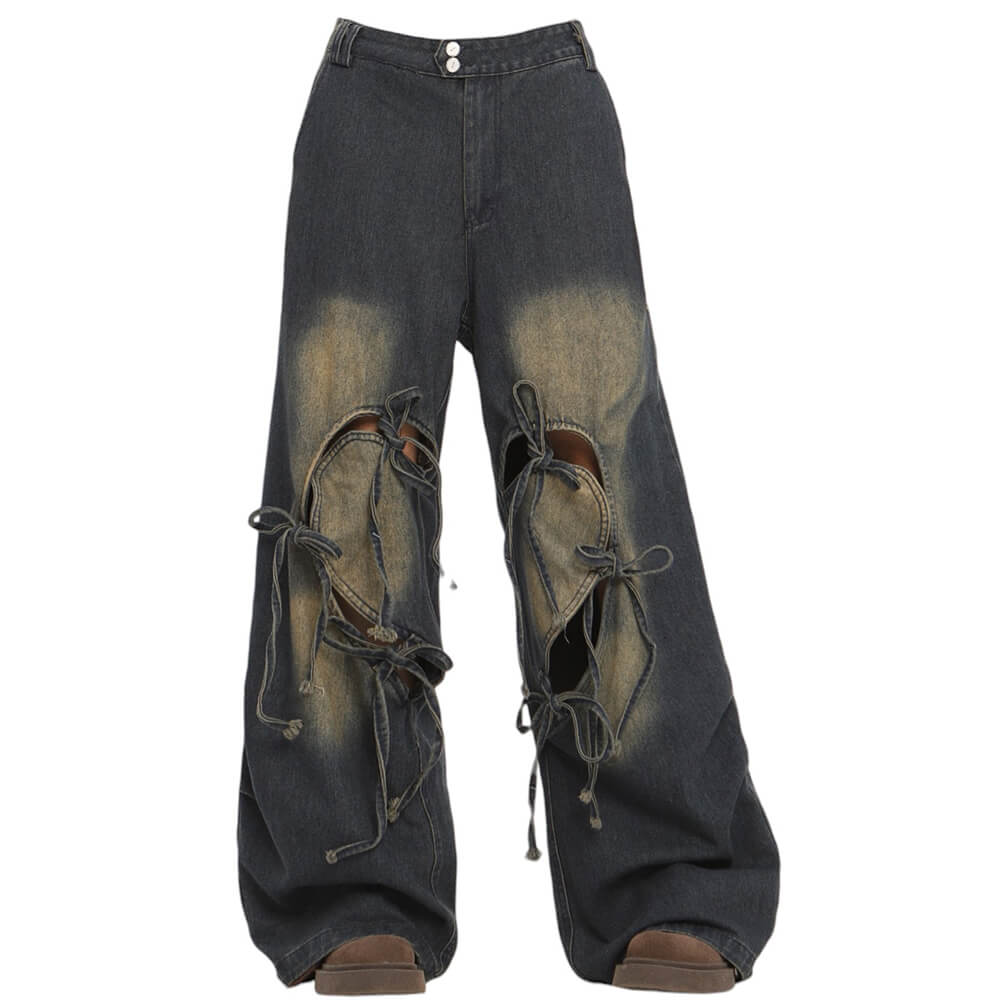 EDGY HEARTCUT WIDE-LEG JEAN WITH DARK WASH AND HEART BOW WIDE DETAIL