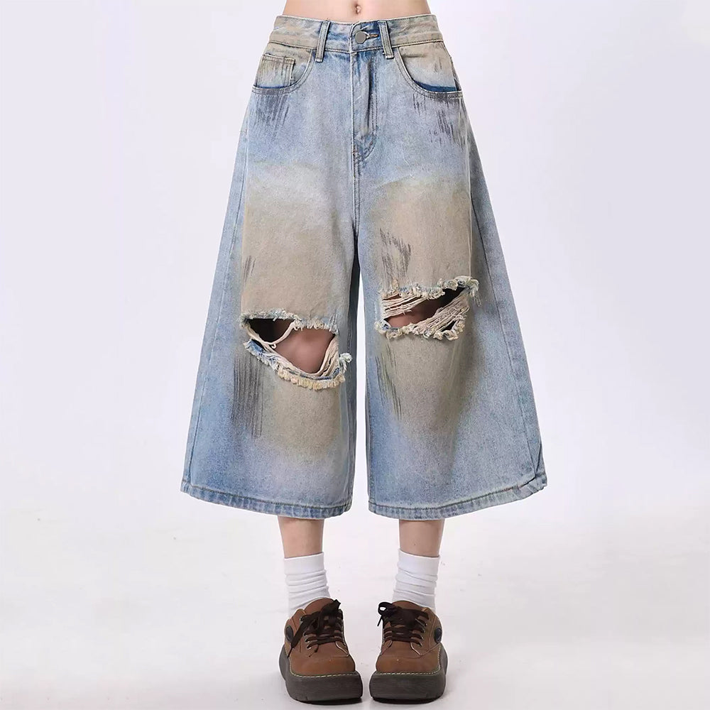 EDGY VINTAGE-WASH WIDE-LEG DENIM CULOTTE SHORTS FOR CASUAL WEAR