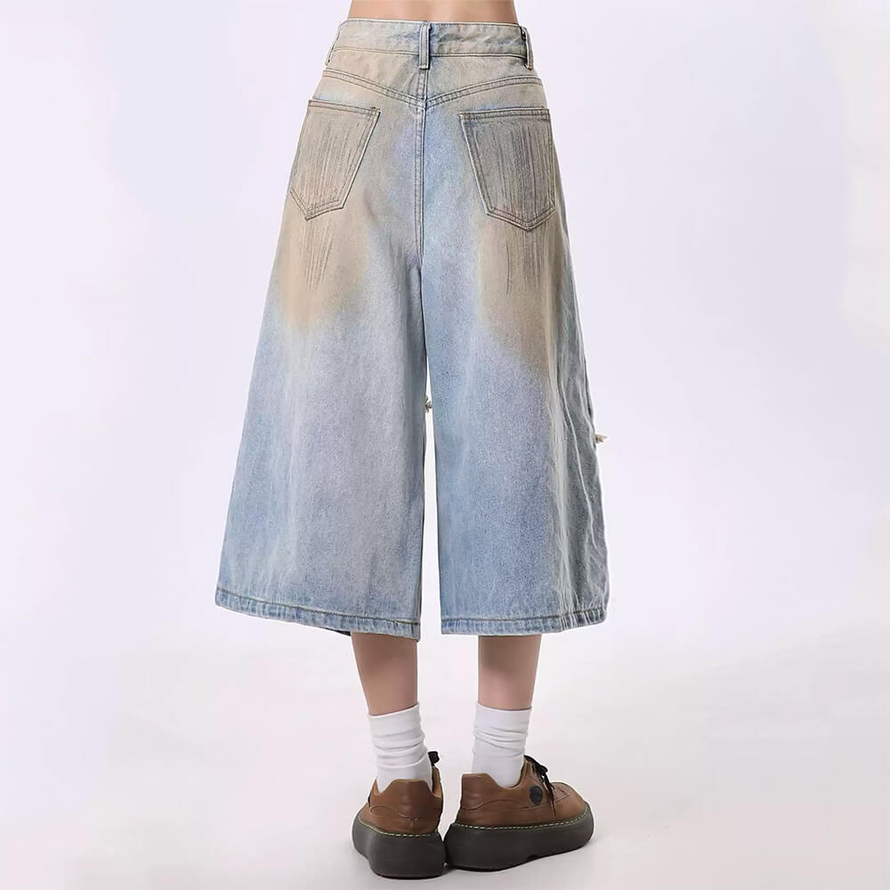 EDGY VINTAGE-WASH WIDE-LEG DENIM CULOTTE SHORTS FOR CASUAL WEAR