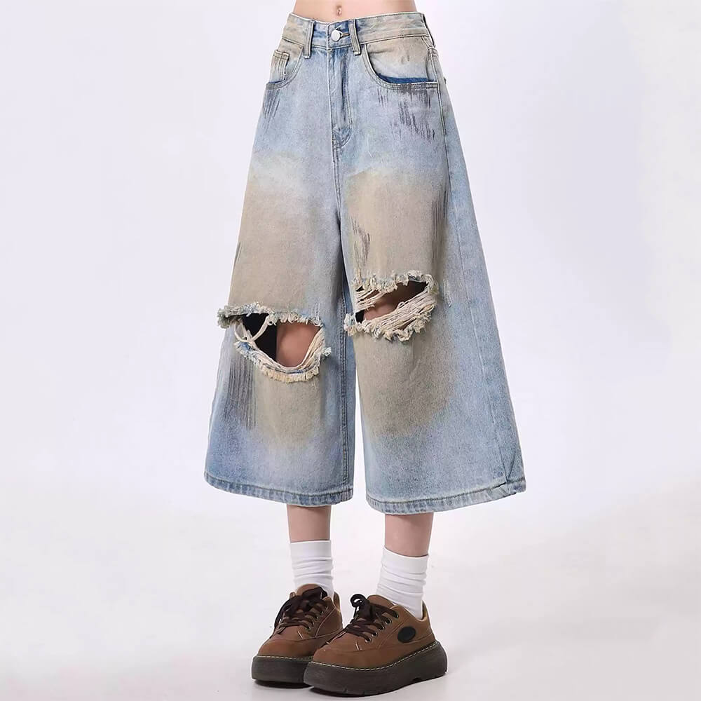 EDGY VINTAGE-WASH WIDE-LEG DENIM CULOTTE SHORTS FOR CASUAL WEAR