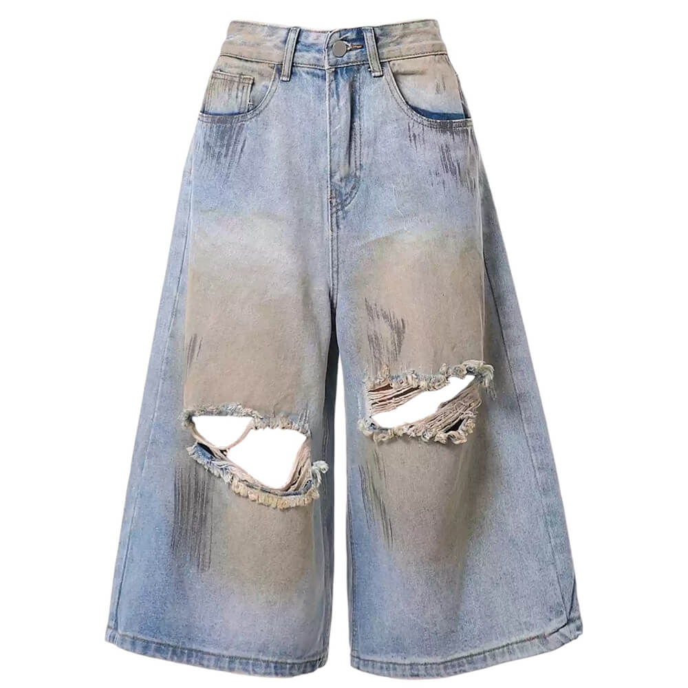 EDGY VINTAGE-WASH WIDE-LEG DENIM CULOTTE SHORTS FOR CASUAL WEAR