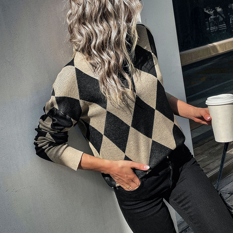 women's autumn and winter diamond long sleeve sweater - Closther