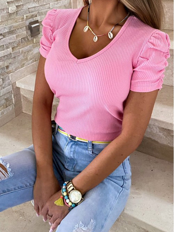 Elastic pit strip thread pullover puff sleeve V-neck short-sleeved T-shirt for women - Pink / S