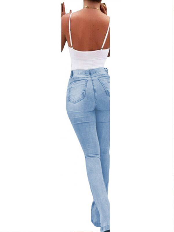 Elastic slit flared high waist jeans women’s trousers