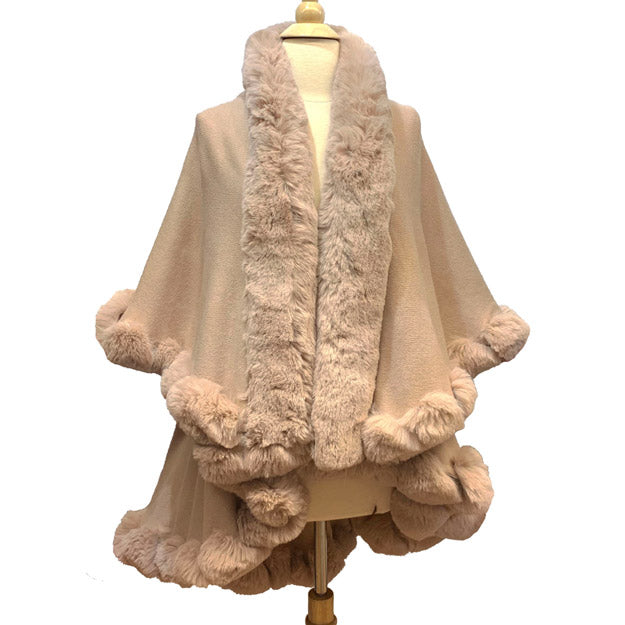 Elegant 2 Row Faux Fur Trim Knit Poncho Ruana