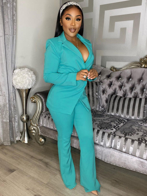 Elegant Double-Breasted Flared Pantsuit - Deep green / S
