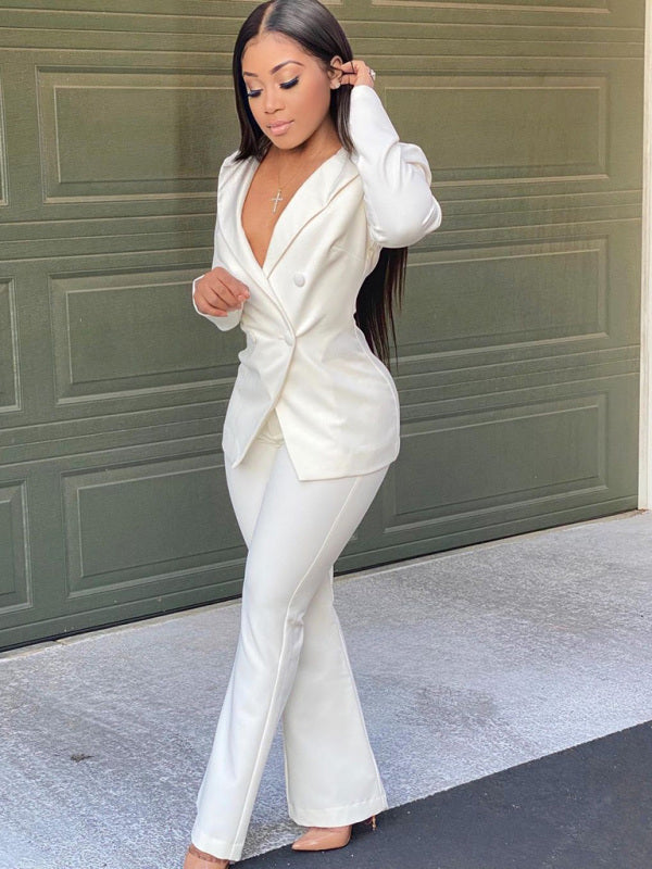 Elegant Double-Breasted Flared Pantsuit - White / S