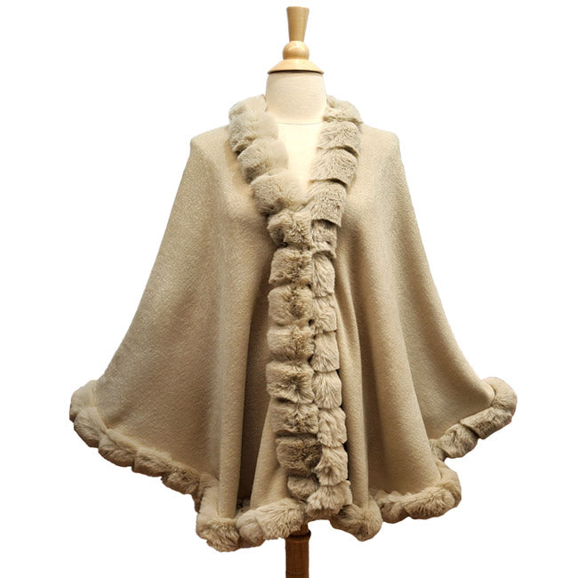Elegant Faux Fur Trim Knit Poncho Ruana Cape