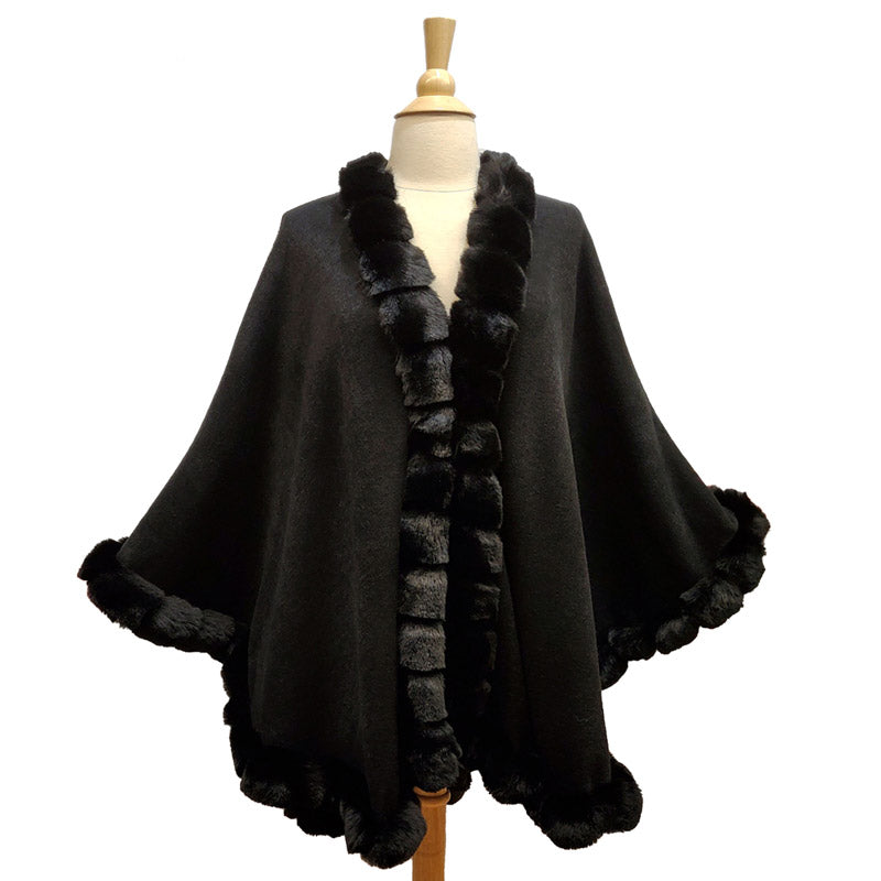 Elegant Faux Fur Trim Knit Poncho Ruana Cape