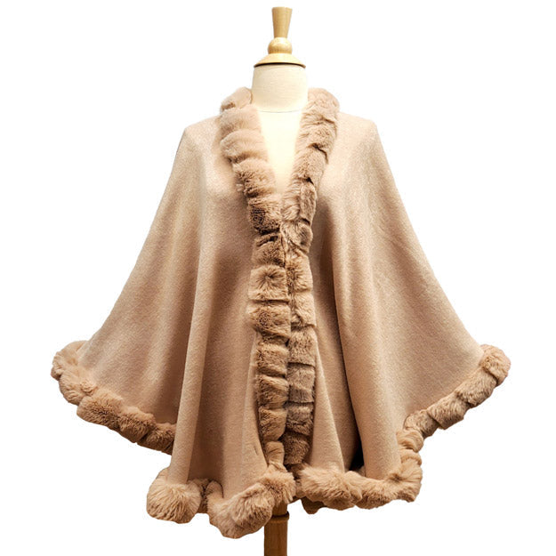 Elegant Faux Fur Trim Knit Poncho Ruana Cape