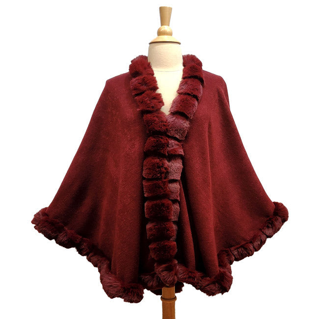 Elegant Faux Fur Trim Knit Poncho Ruana Cape