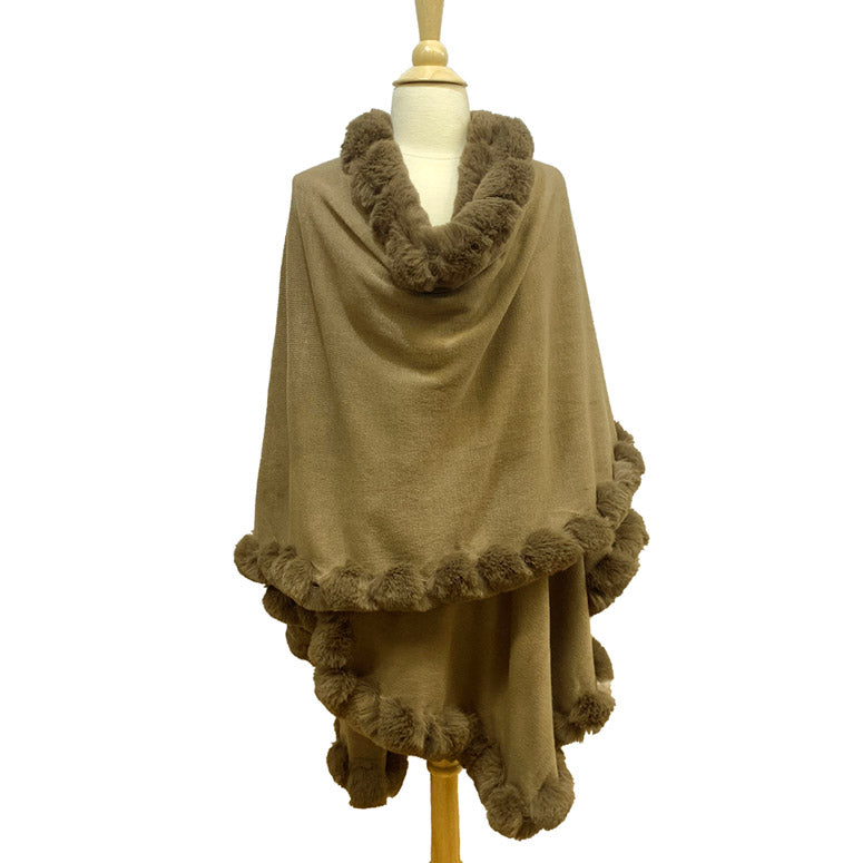 Elegant Faux Fur Trim Knit Poncho Ruana Cape