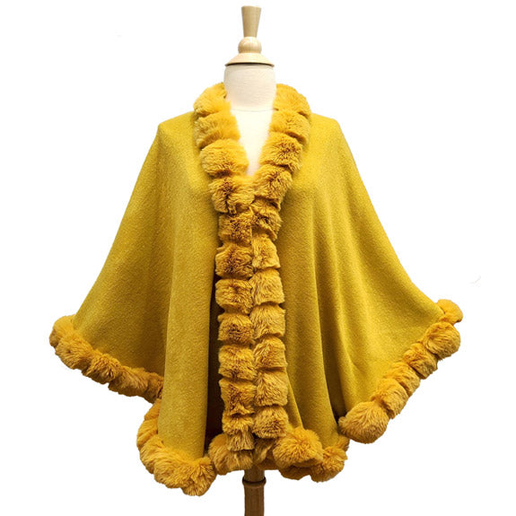 Elegant Faux Fur Trim Knit Poncho Ruana Cape