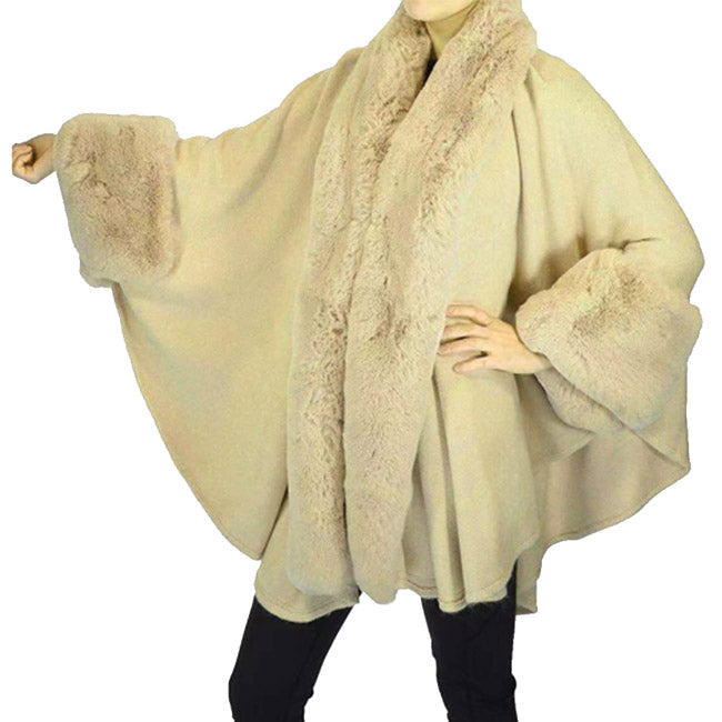 Elegant Faux Fur Trim Lapel Cuffs Knit Poncho Ruana