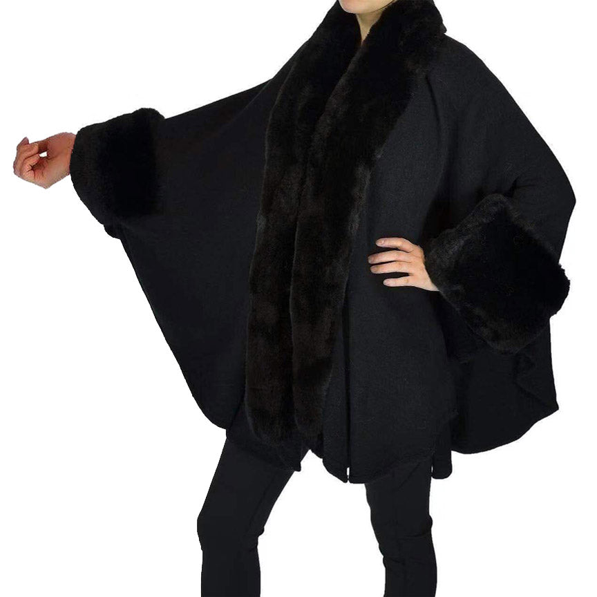 Elegant Faux Fur Trim Lapel Cuffs Knit Poncho Ruana