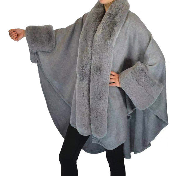 Elegant Faux Fur Trim Lapel Cuffs Knit Poncho Ruana