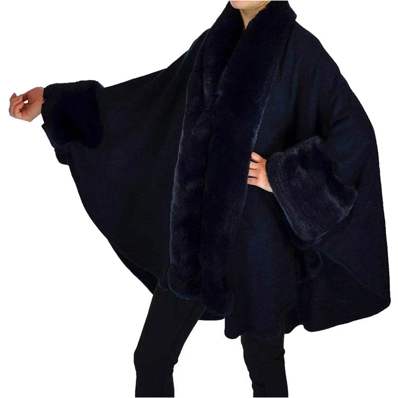 Elegant Faux Fur Trim Lapel Cuffs Knit Poncho Ruana