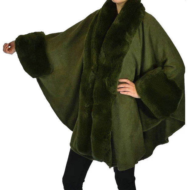 Elegant Faux Fur Trim Lapel Cuffs Knit Poncho Ruana