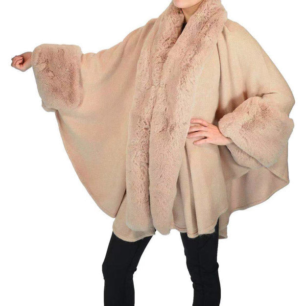 Elegant Faux Fur Trim Lapel Cuffs Knit Poncho Ruana