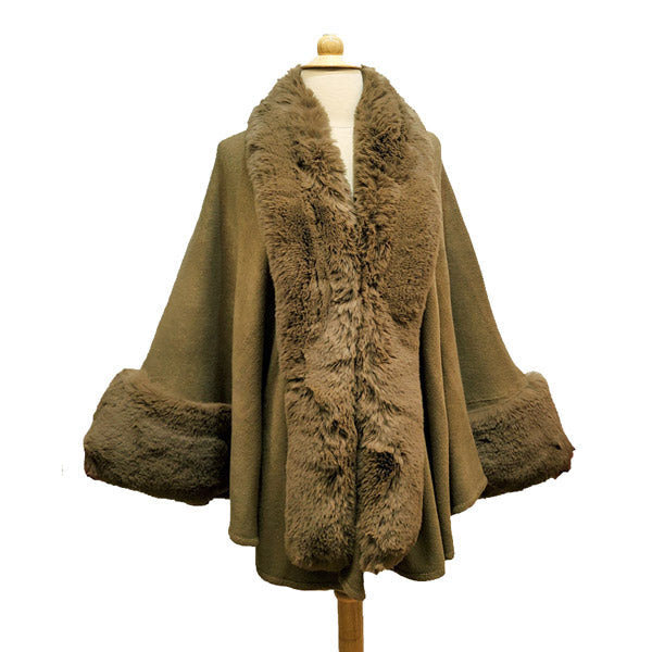 Elegant Faux Fur Trim Lapel Cuffs Knit Poncho Ruana