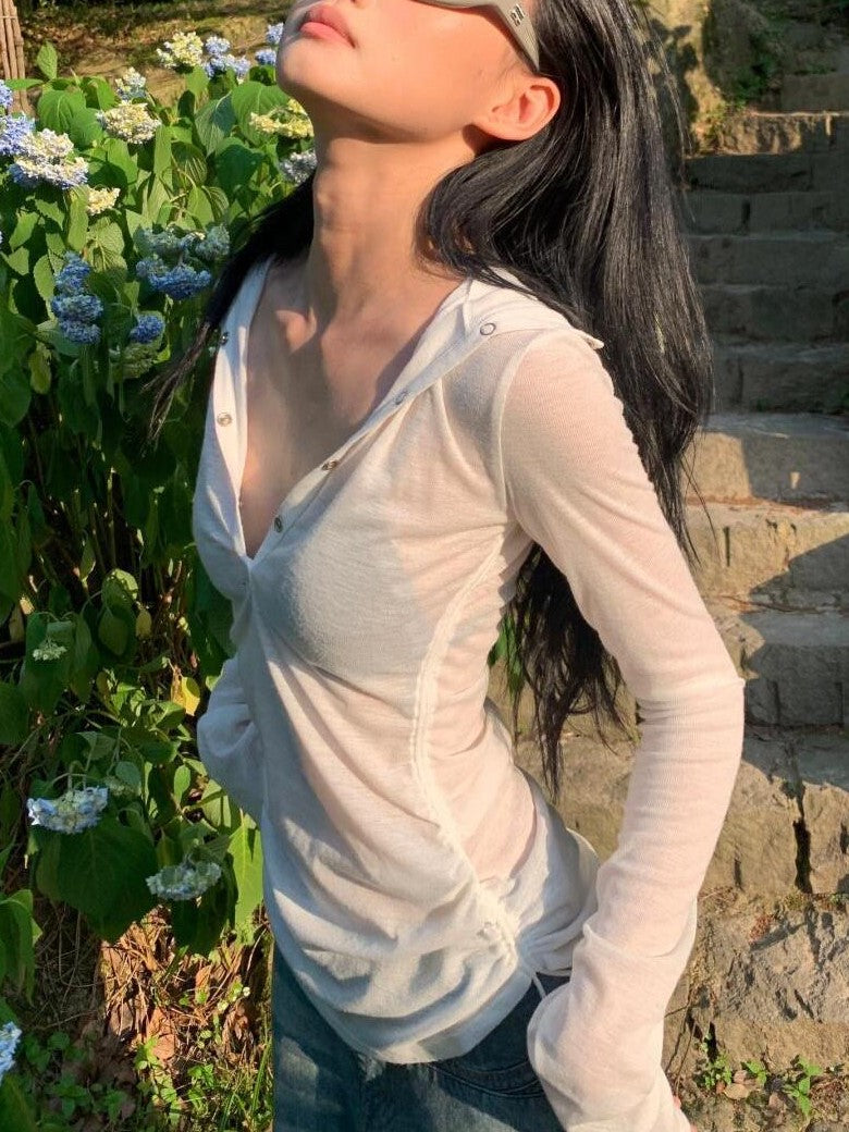ELEGANT LONG SLEEVE SHEER WHITE TOP WITH HOODED DESIGN